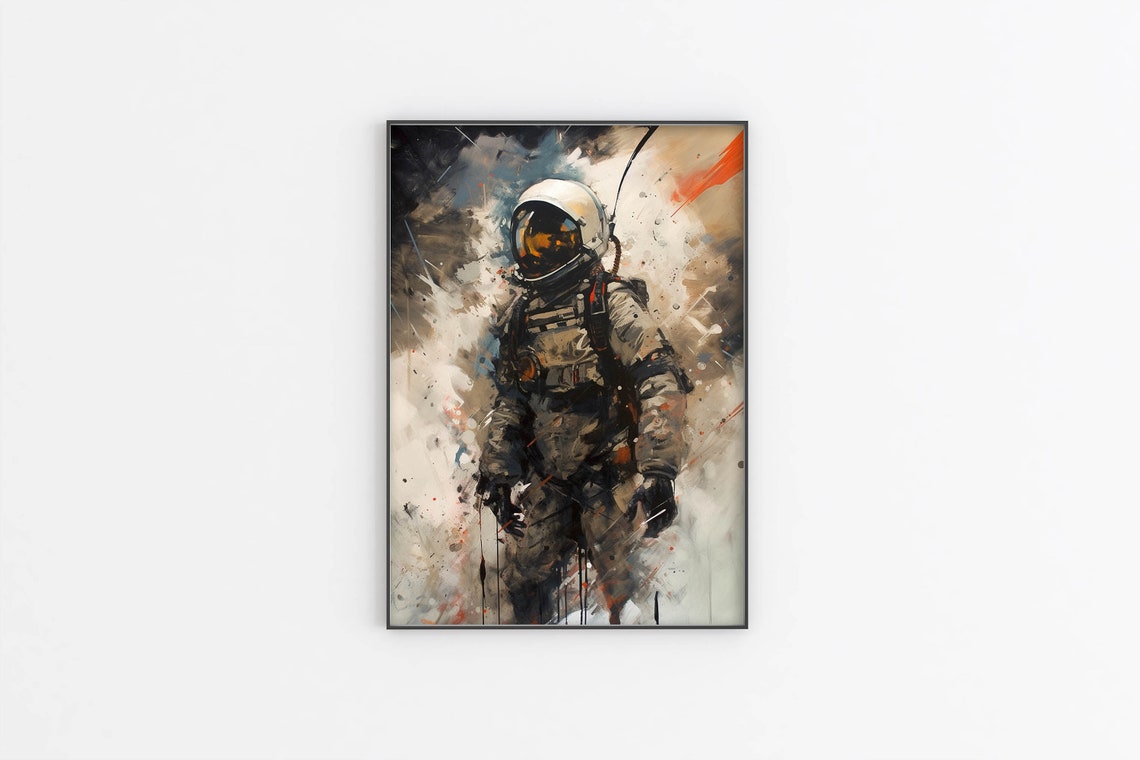 Astronaut Standing Abstract White Orange Splash Painting Poster - Image 2