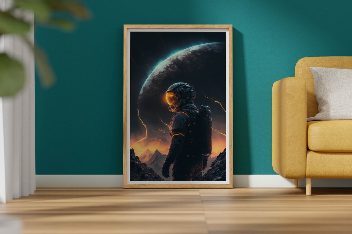 Astronaut Facing Giant Planet Poster Lightning Storm Cosmic Scene Art - Image 2