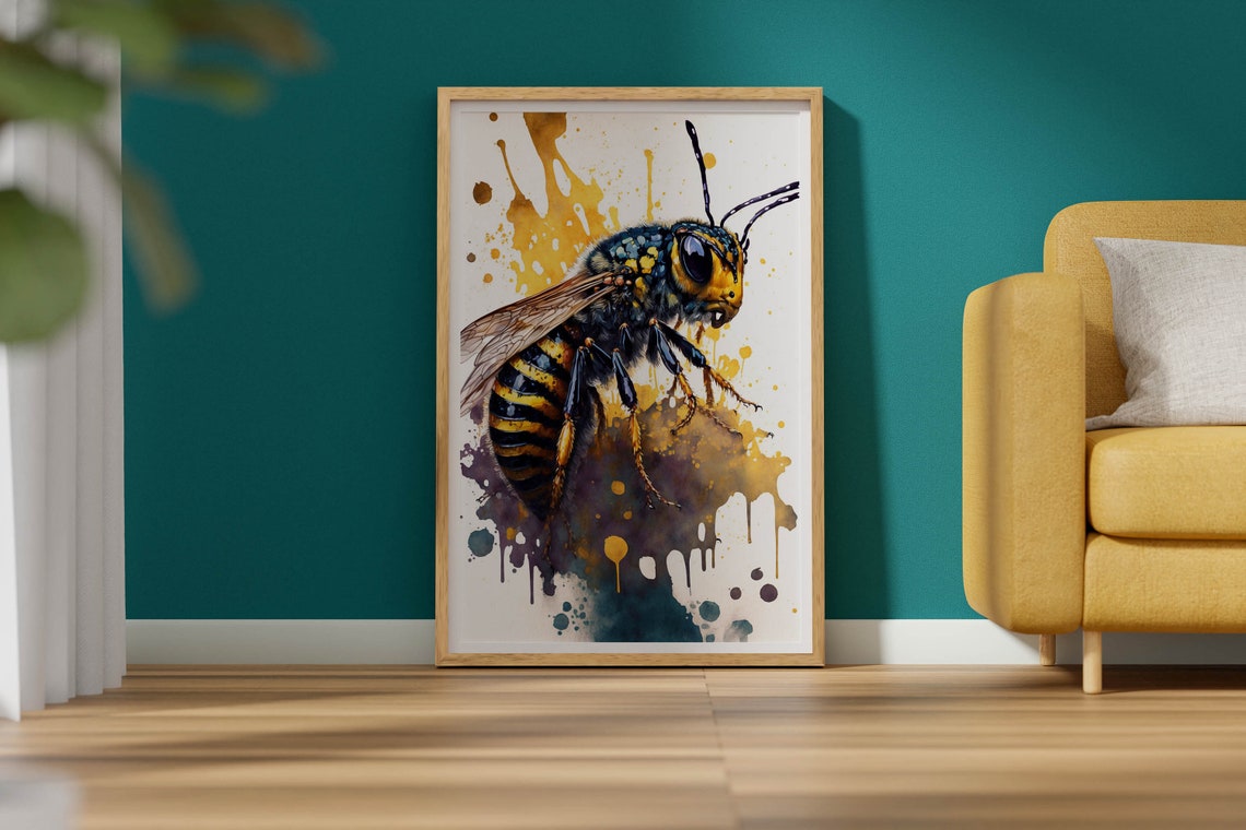 Watercolor Wasp Poster Yellow Black Insect Paint Splash Nature Art - Image 2