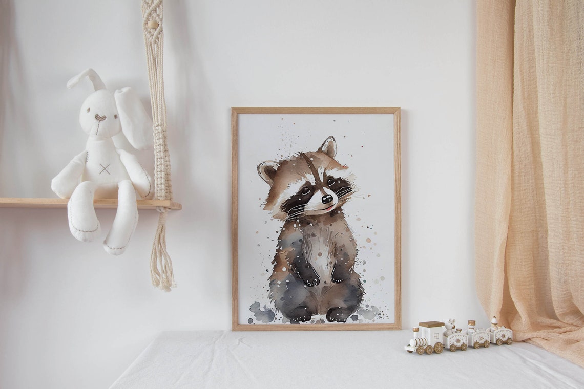 Nursery Wall Art Racoon Watercolor Painting Print Woodland Nursery Modern Nursery Decor Baby Shower Gift Girls Room Art Newborn Gift - Image 2