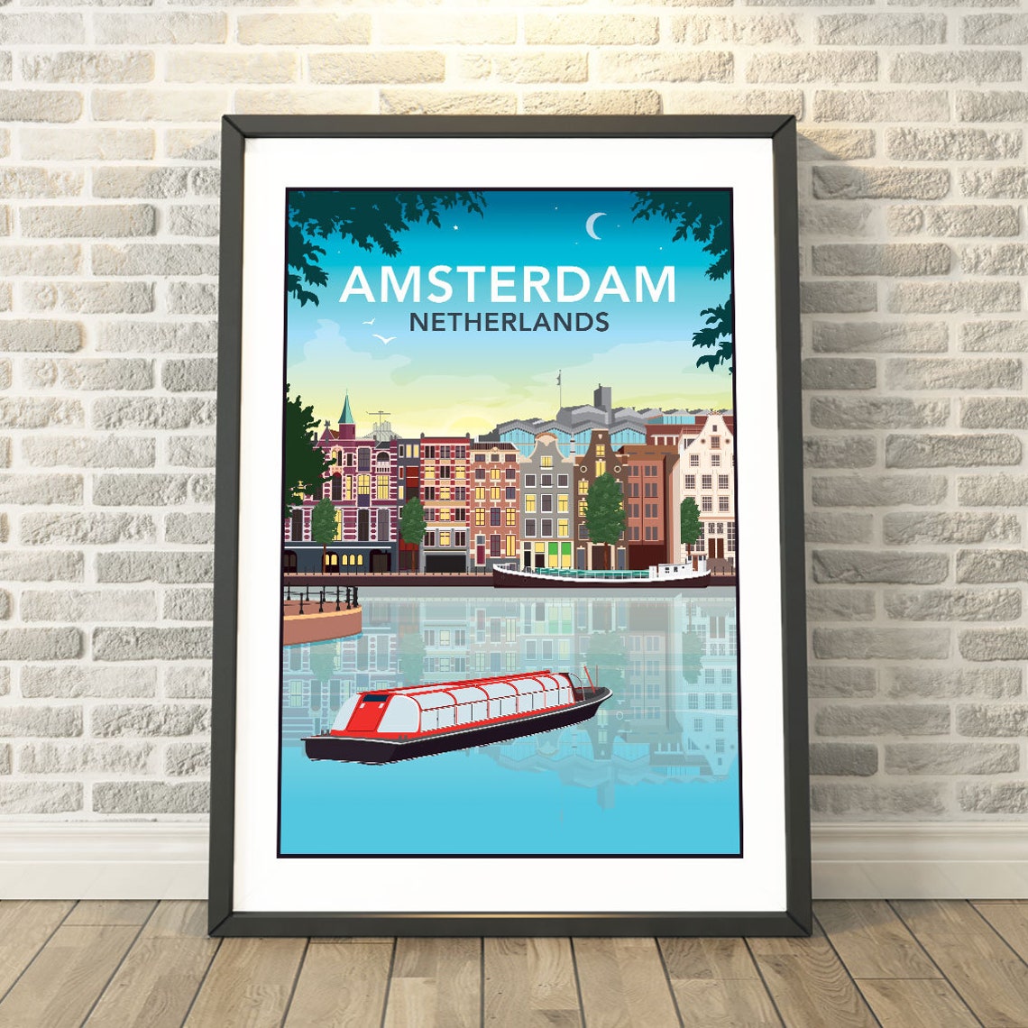 Amsterdam Netherlands Canal Houses Boat Twilight Travel Poster