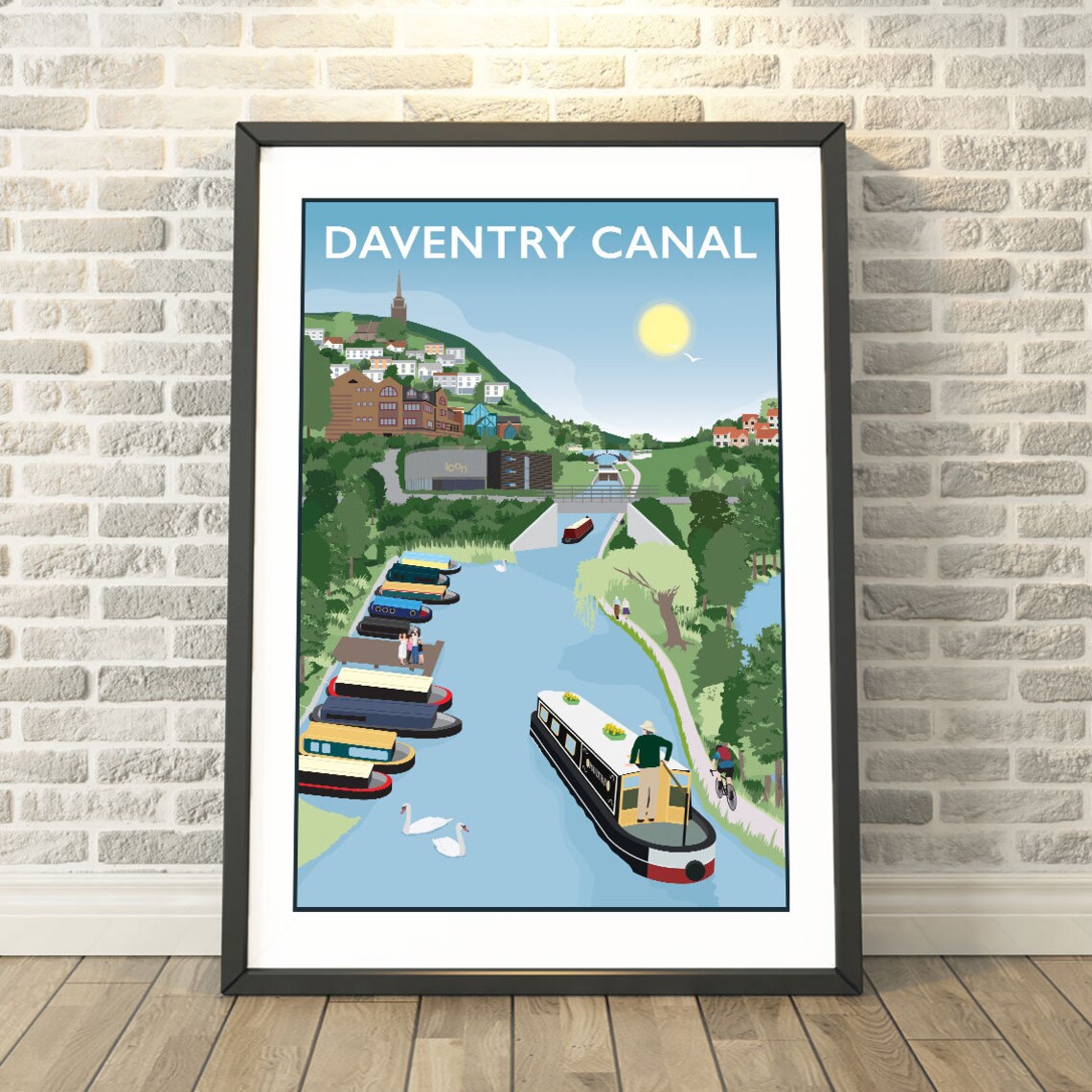 Daventry Canal Narrowboats Swans Locks Vintage British Travel Poster