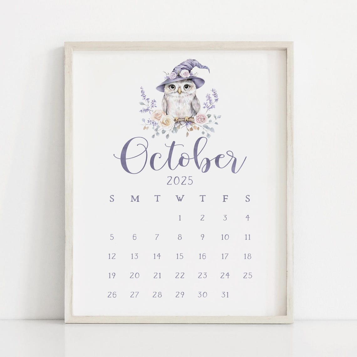 October 2025 Calendar Cute Owl Witch Hat Lavender Floral Print - Image 3