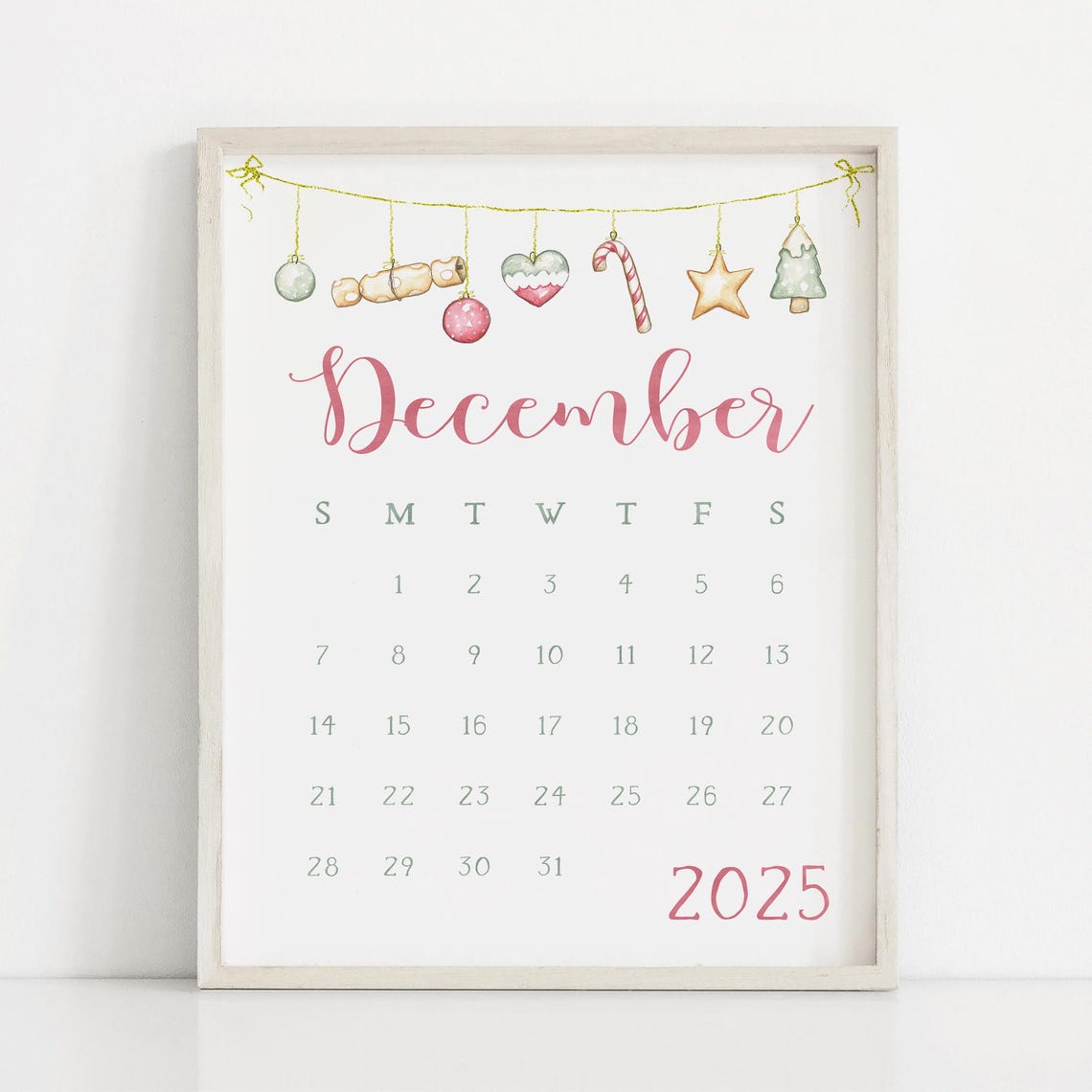 December 2025 Calendar Hanging Ornaments Pink Script Wall Planner - Image 3