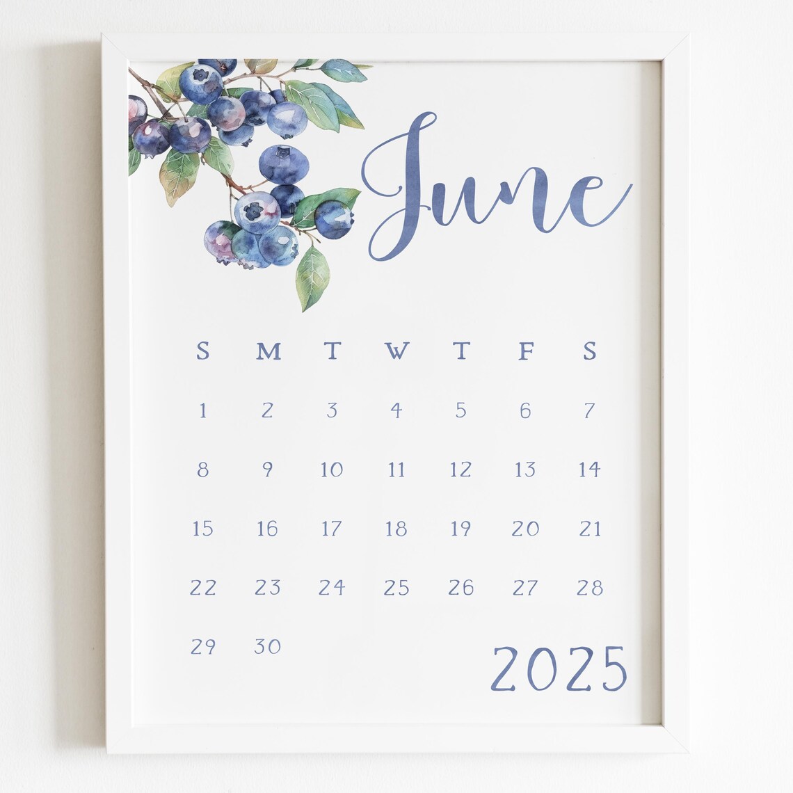 June 2025 Calendar Blueberry Watercolor Summer Monthly Planner Print - Image 5
