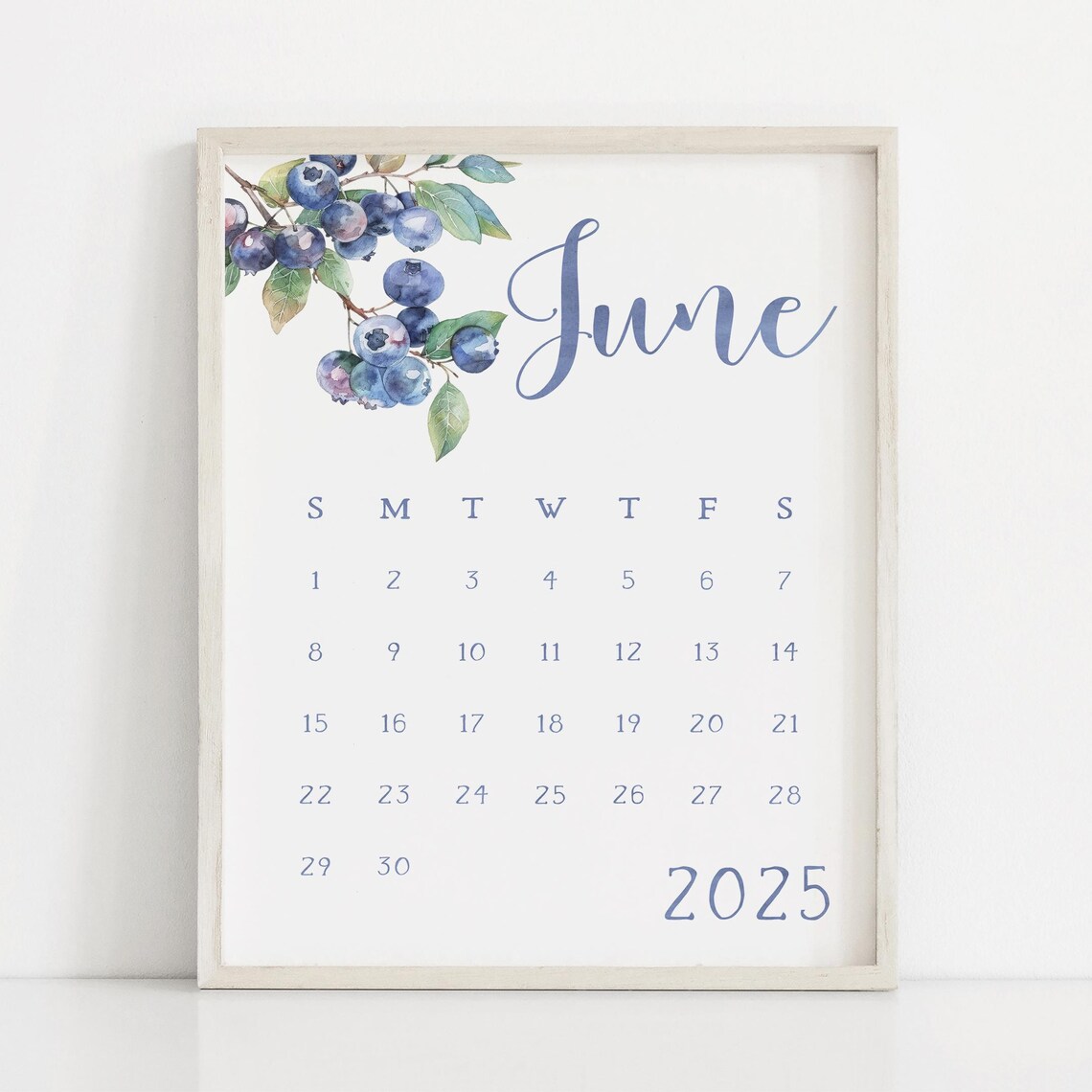June 2025 Calendar Blueberry Watercolor Summer Monthly Planner Print - Image 3
