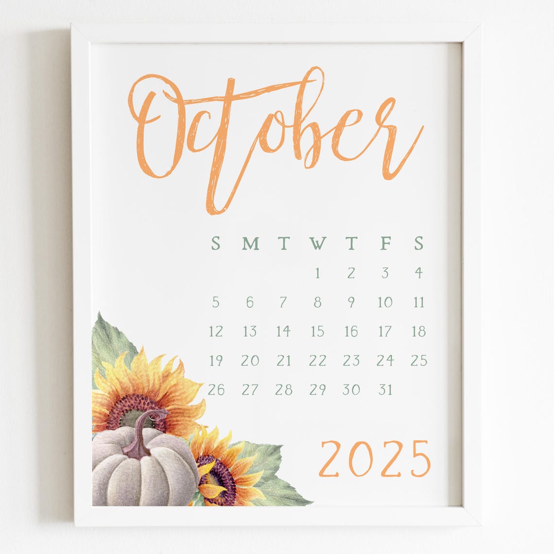 October 2025 Calendar Pumpkin Sunflower Fall Monthly Planner Wall Art - Image 3