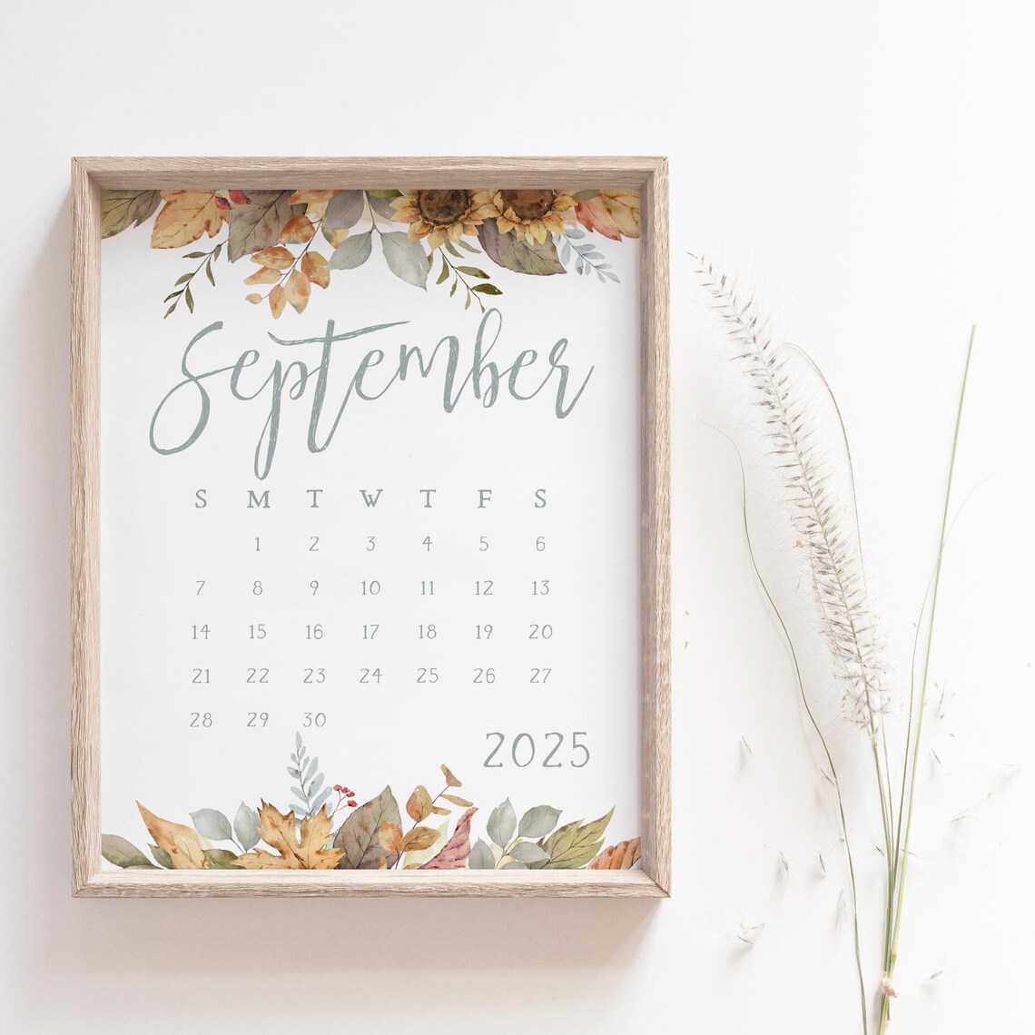 September 2025 Calendar Autumn Sunflowers Fall Leaves Planner Print - Image 5