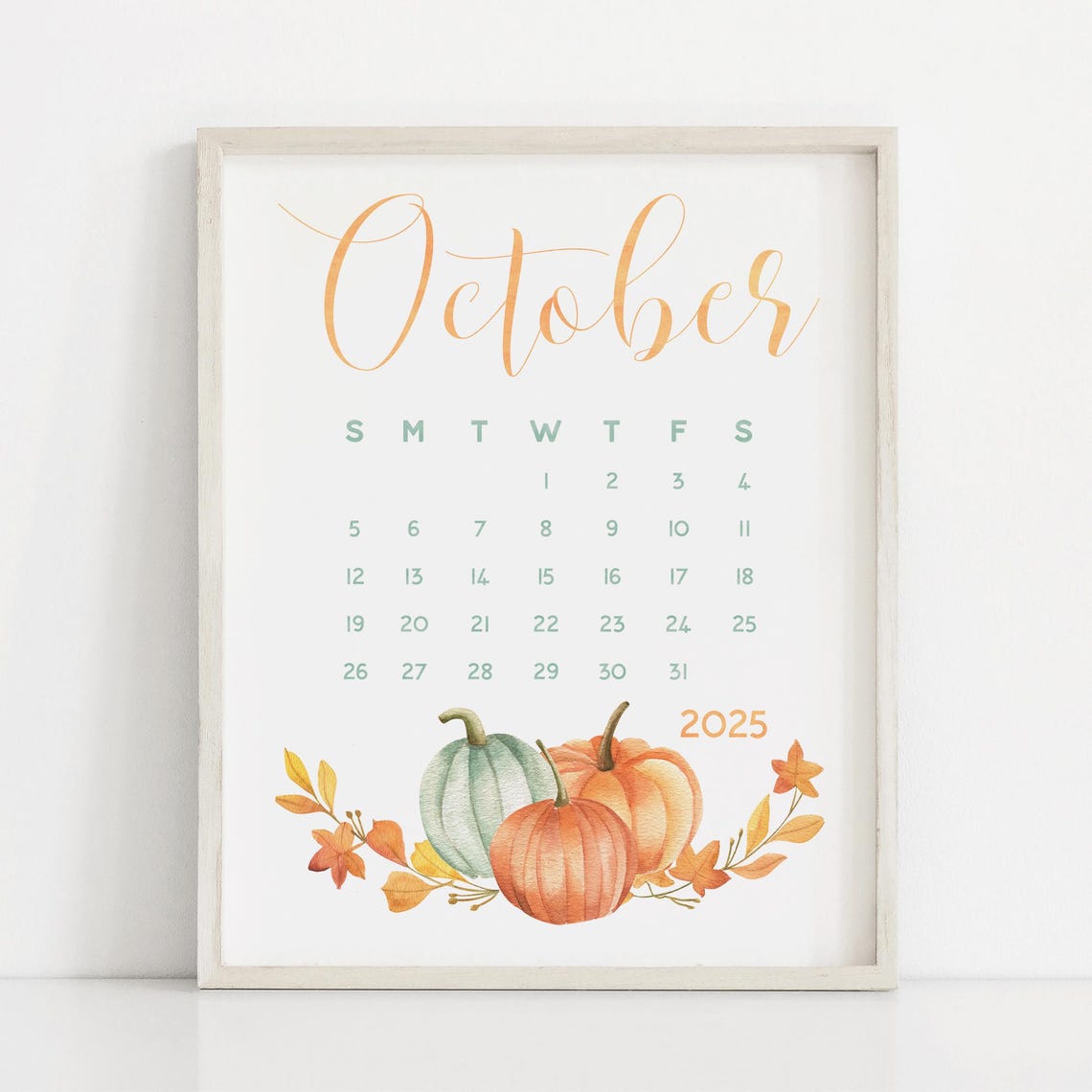 October 2025 Calendar Watercolor Pumpkins Autumn Leaves Planner - Image 3