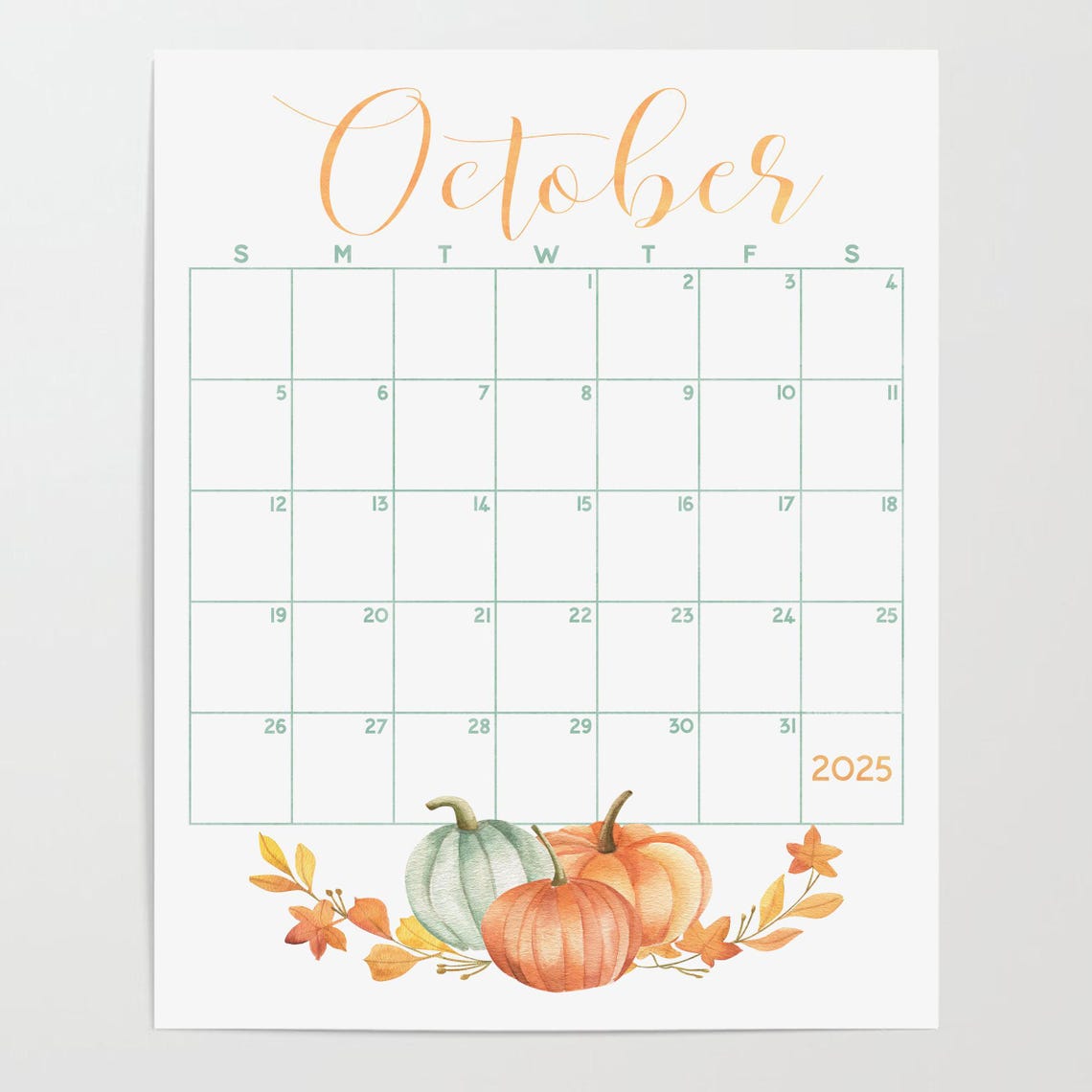 October 2025 Calendar Watercolor Pumpkins Autumn Leaves Planner - Image 4