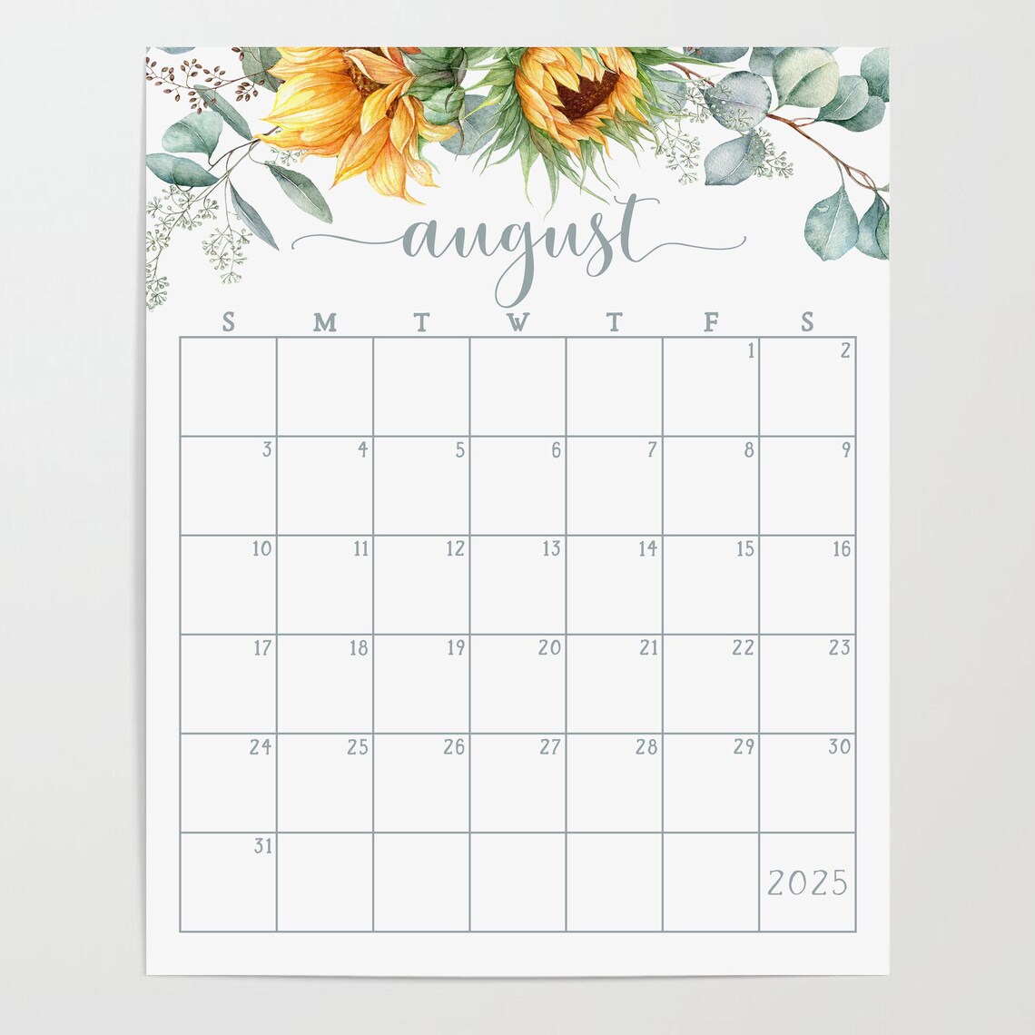 August 2025 Calendar Sunflowers Eucalyptus Wood Frame Planner - Image 4