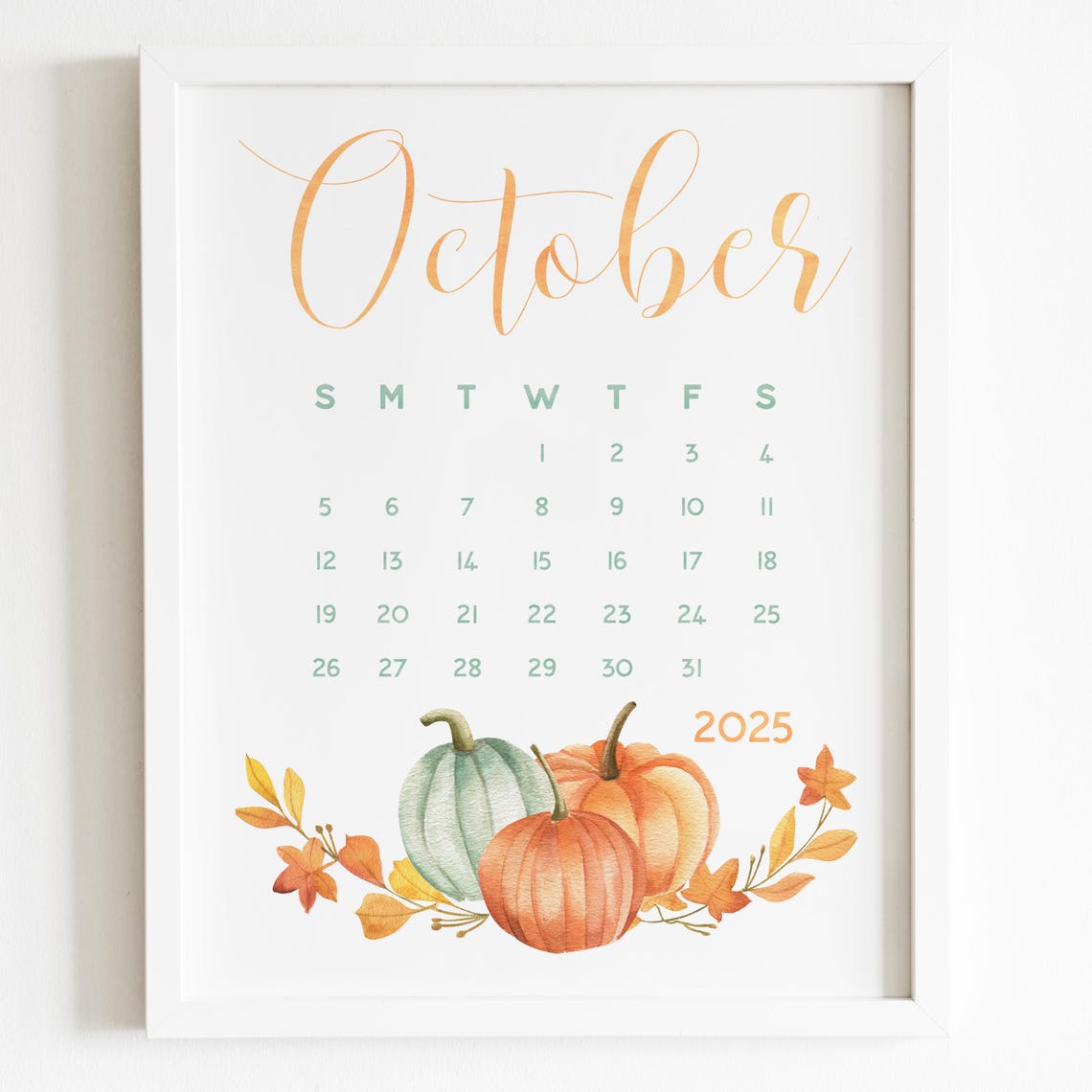 October 2025 Calendar Watercolor Pumpkins Autumn Leaves Planner - Image 5