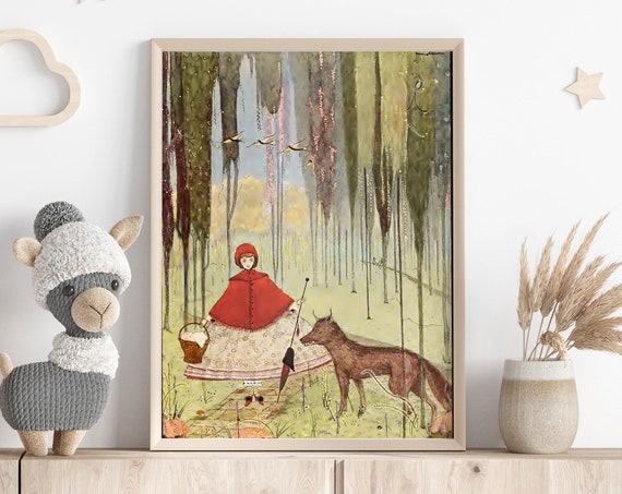 Vintage Little Red Riding Hood Illustration For Nursery Gift Art Fairy Tale