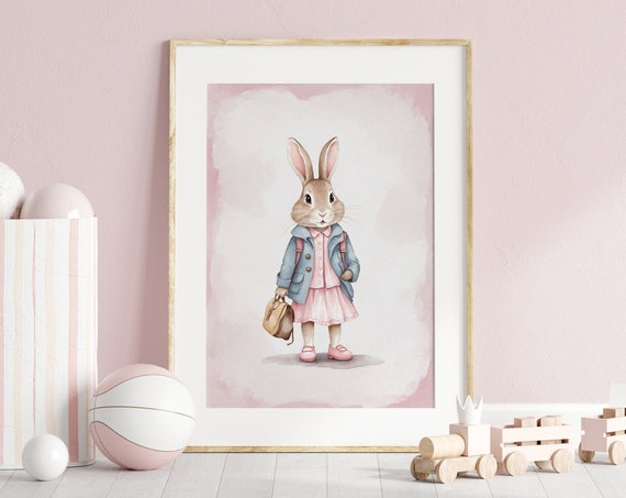 Beatrix Potter Rabbit Wall Art For Nursery Or Girls Room Cute Pink Bunny Ready School Watercolor Painting Vintage