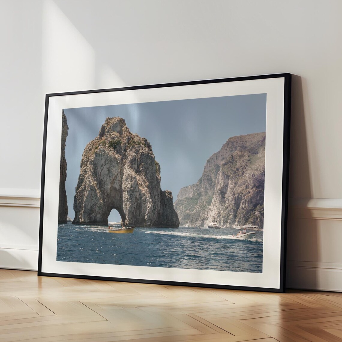 Capri Faraglioni Rock Arch with Boats Vintage Italy Coast Poster