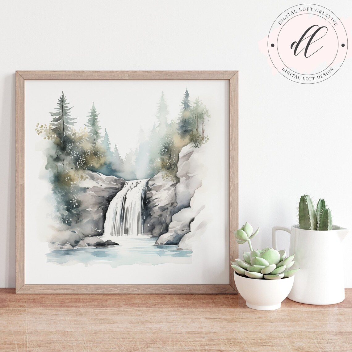 Watercolor Forest Waterfall Art Print, Tranquil Landscape