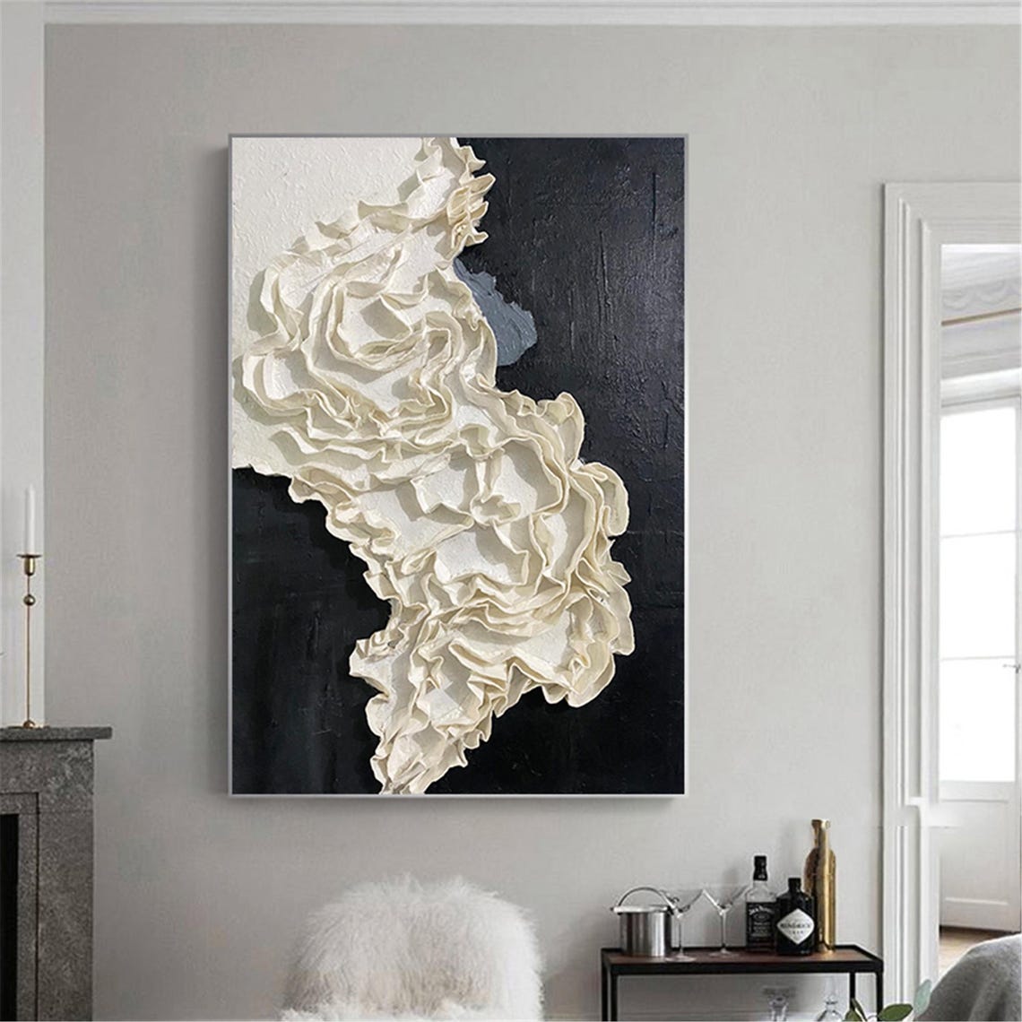 Ivory Ribbon Flow Abstract 3D Textured Painting Black Vertical Print - Image 4