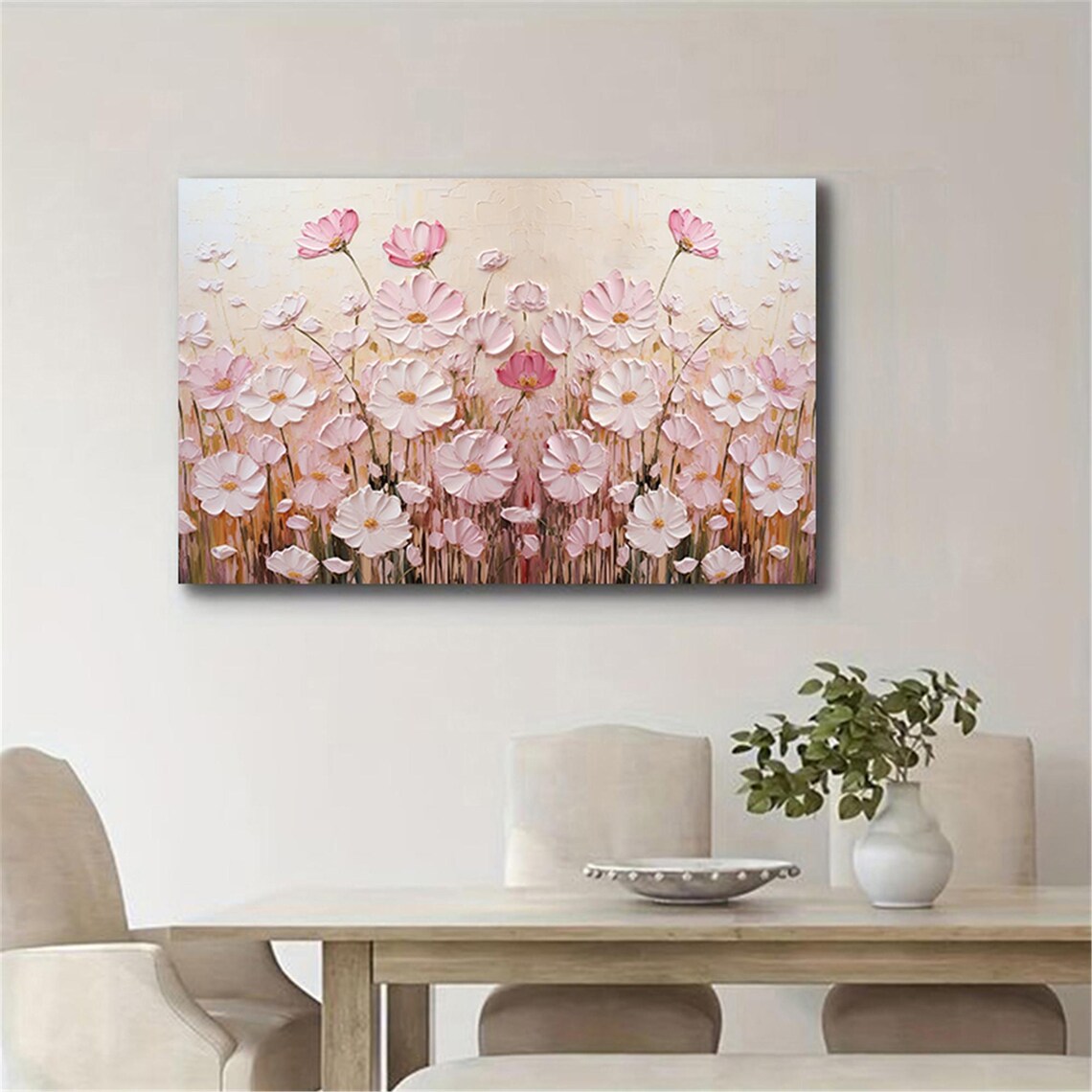 Pink Cosmos Field Cream Background Panoramic Floral Meadow Wall Art - Image 3