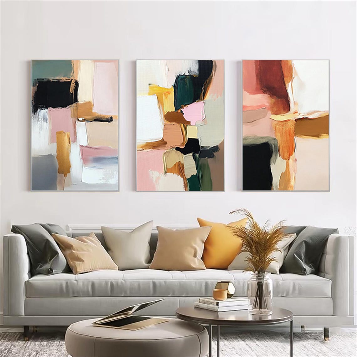 Three Piece Pink Black Gold Abstract Set Modern Triptych Wall Art - Image 4