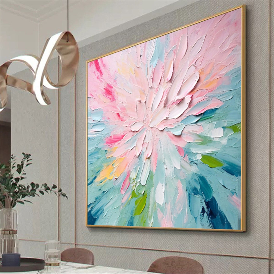 Pink White Giant Bloom Teal Splash Palette Knife Floral Wall Art - Image 2