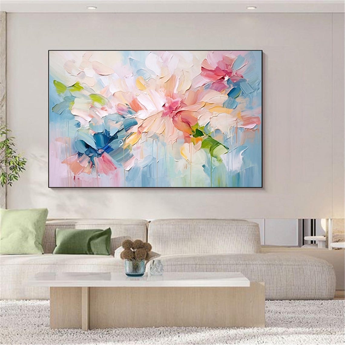 Peach Pink Peony Blossoms Light Blue Panoramic Elegant Wall Art - Image 4