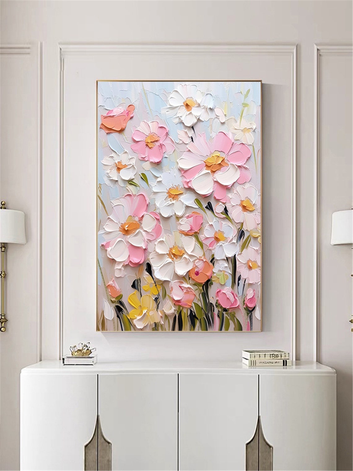 Pink Coral White Impasto Garden Flowers Spring Bouquet Wall Art - Image 3