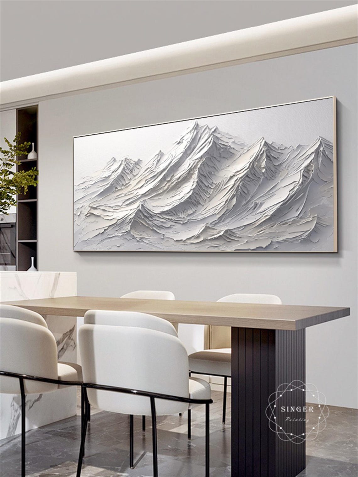 Snow Capped White Peaks 3D Textured Panoramic Mountain Painting Print - Image 2