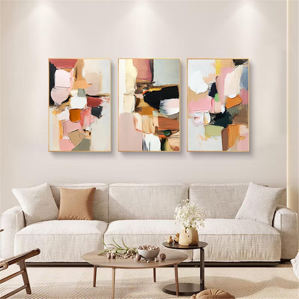 Three Piece Blush Orange Black Abstract Set Triptych Modern Wall Art - Image 5