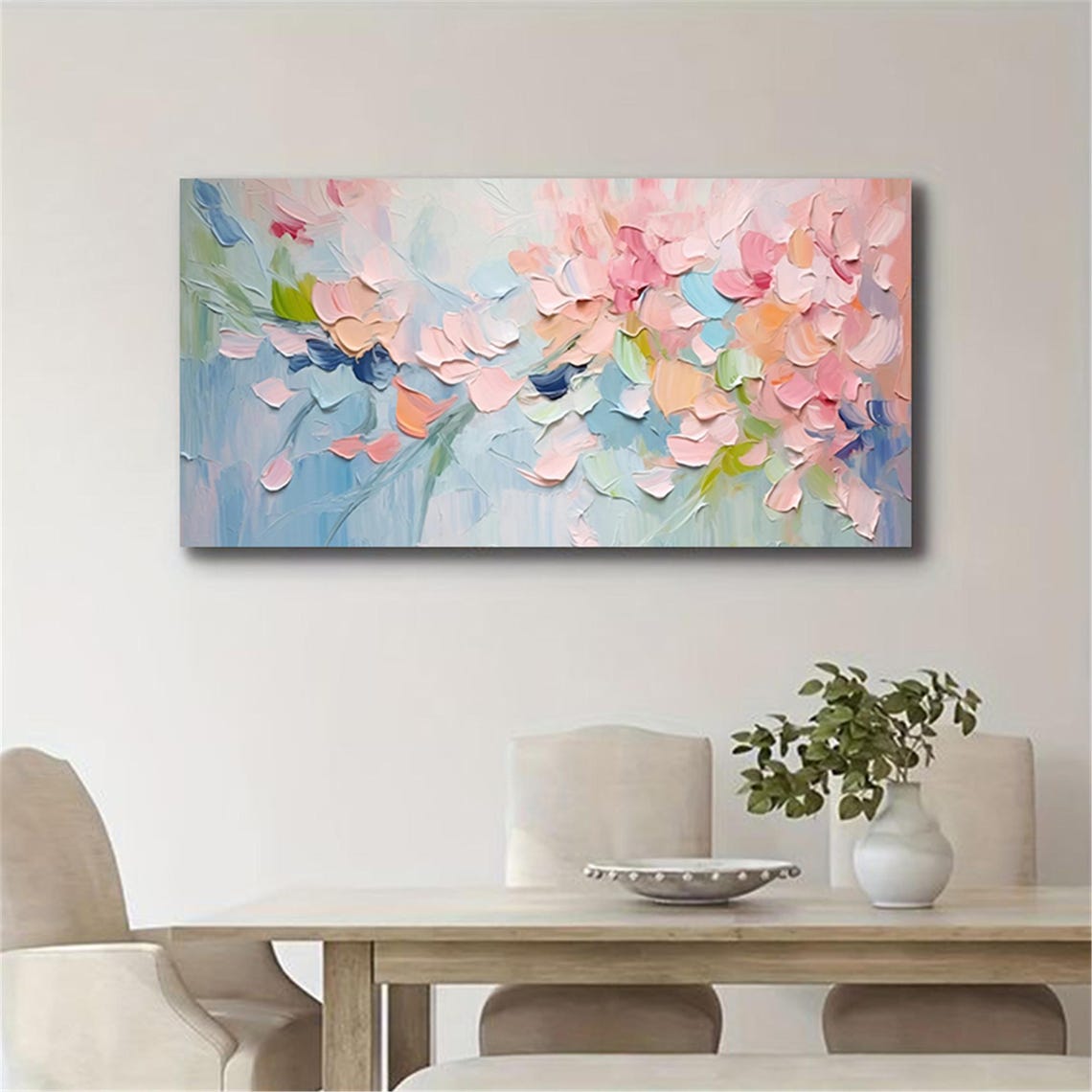 Blush Pink Teal Navy Abstract Florals Panoramic Gallery Wall Art - Image 2