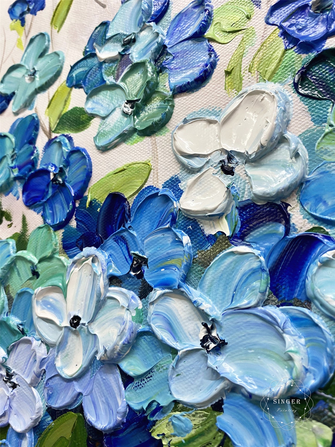 Blue Hydrangea Bouquet in Vase Textured Impasto Floral Wall Art Poster - Image 5