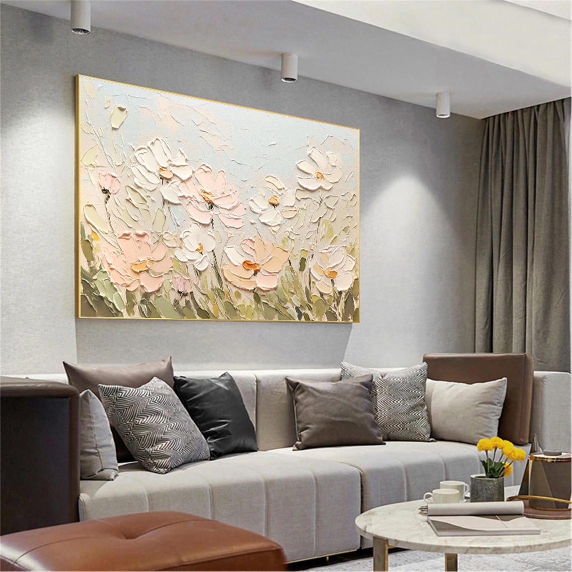 White Peach Blossom Light Sage 3D Textured Floral Painting Poster - Image 2