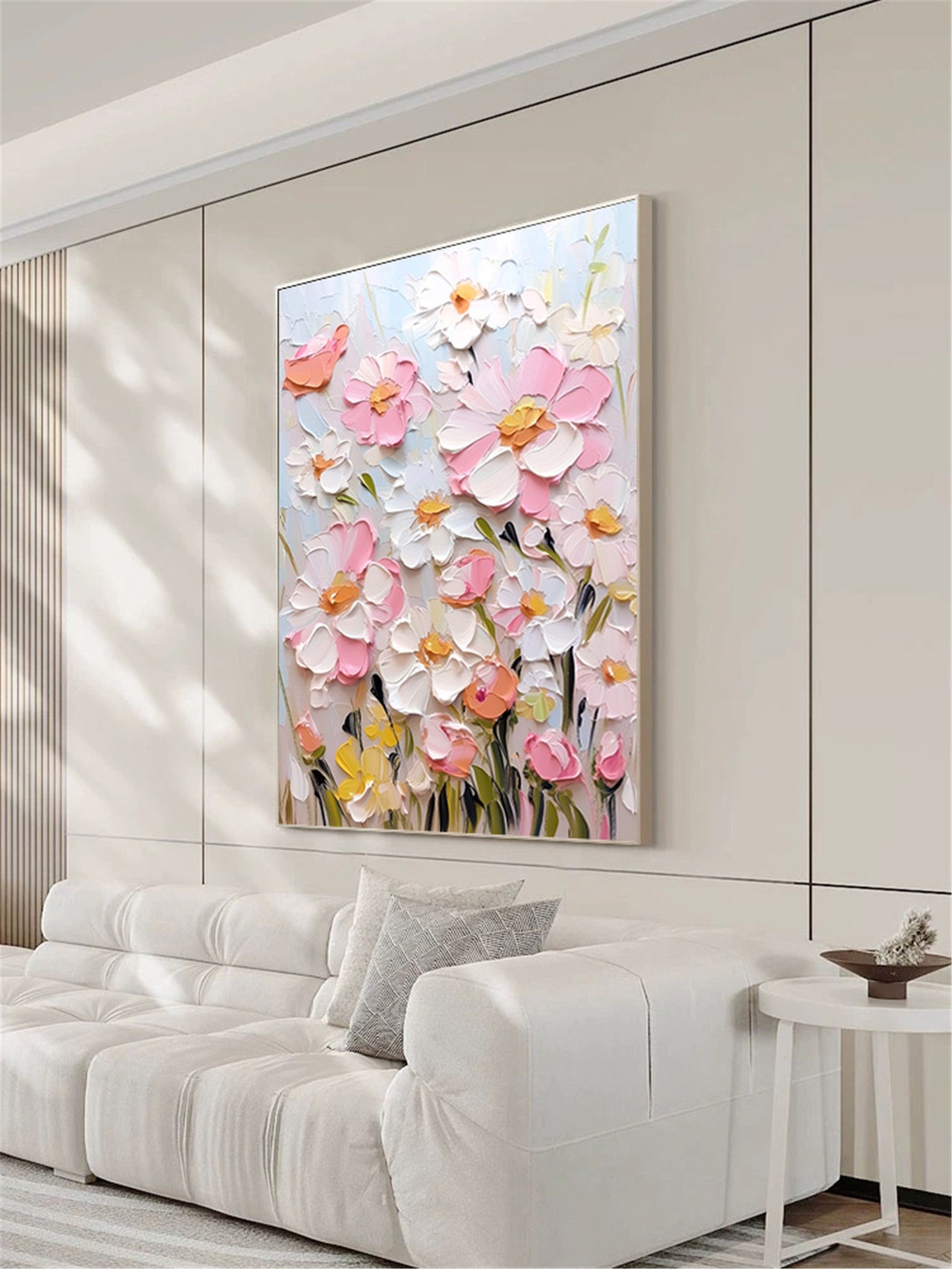 Pink Coral White Impasto Garden Flowers Spring Bouquet Wall Art - Image 2
