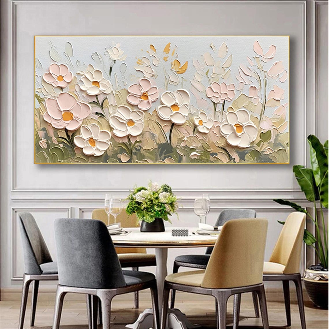 White Pink Daisy Yellow Center 3D Textured Floral Painting Poster - Image 5