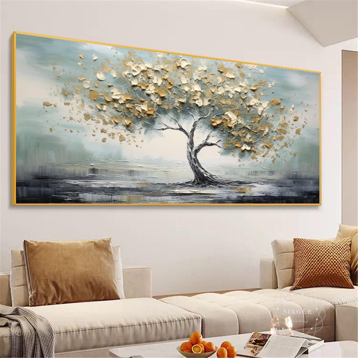 Windswept Golden Tree 3D Textured Impasto Painting Sage Sky Poster - Image 2