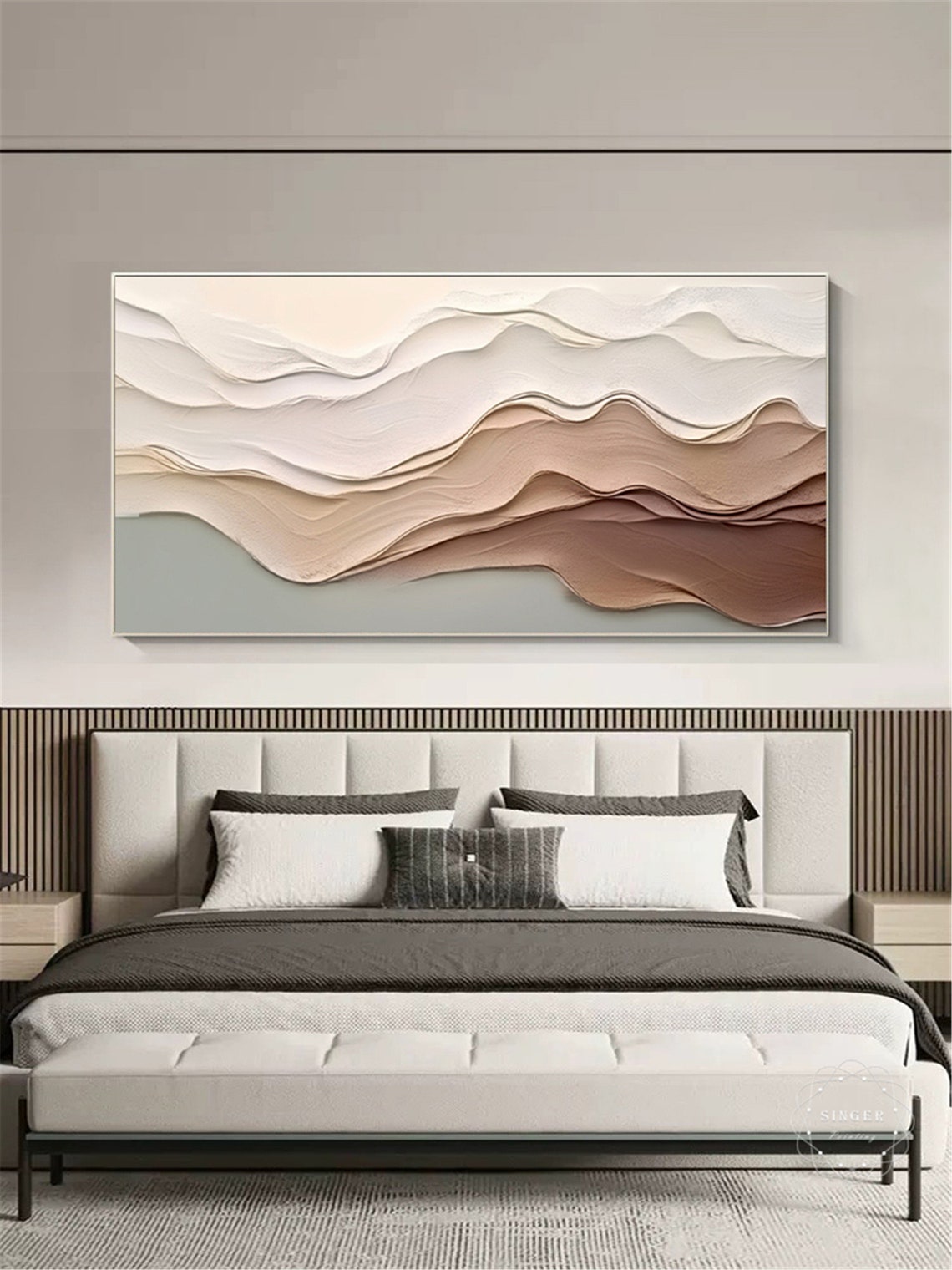 Flowing Wave Layers Abstract 3D Textured Cream Caramel Panoramic Print - Image 3