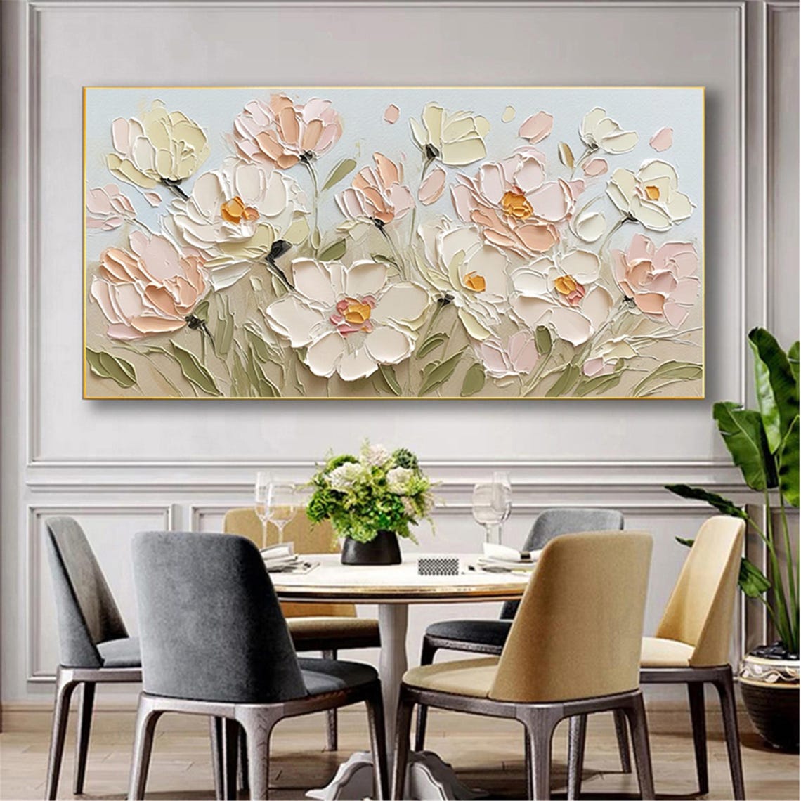 White Pink Bloom Sage Neutral 3D Textured Floral Painting Poster - Image 5