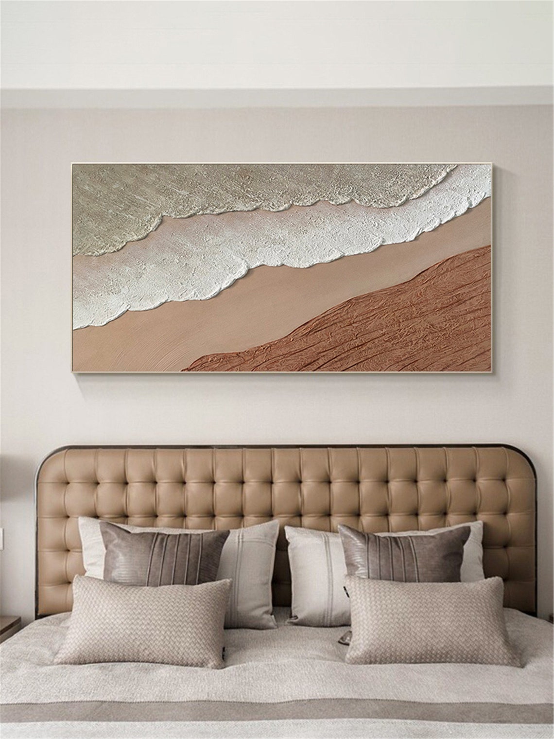 Beige Grey Sea Waves Sandy Shore Textured Panoramic Beach Wall Art - Image 3