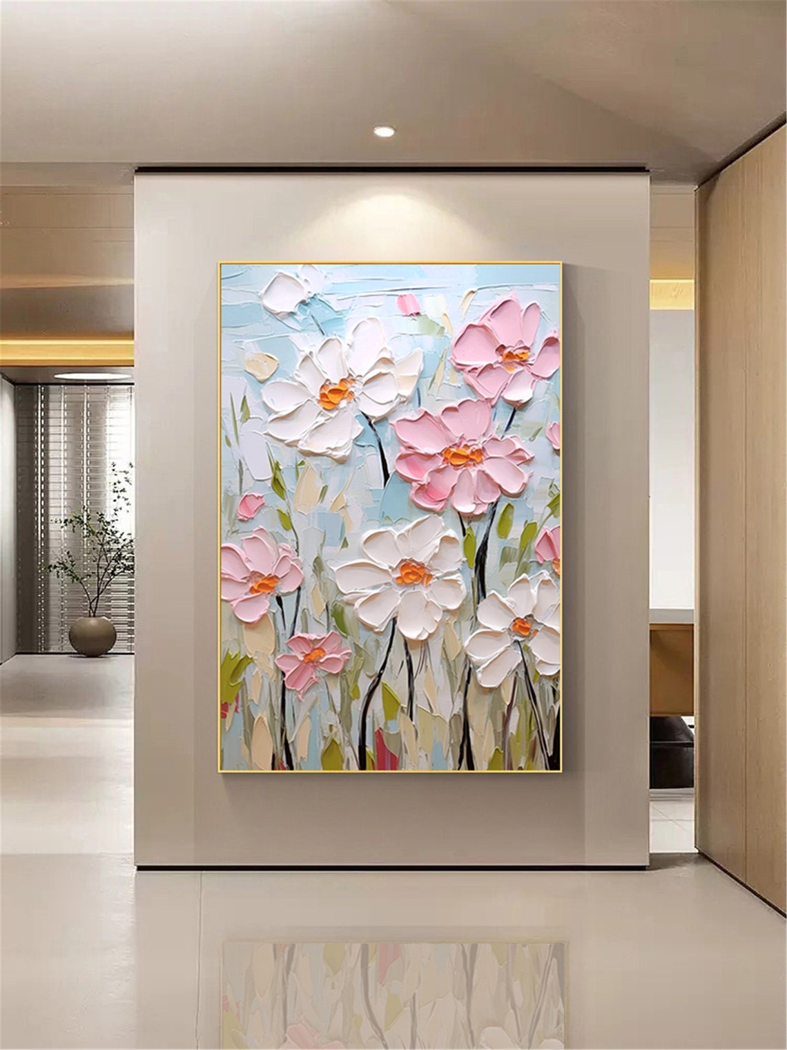 Pink White Blossom Light Blue 3D Textured Floral Painting Poster - Image 3