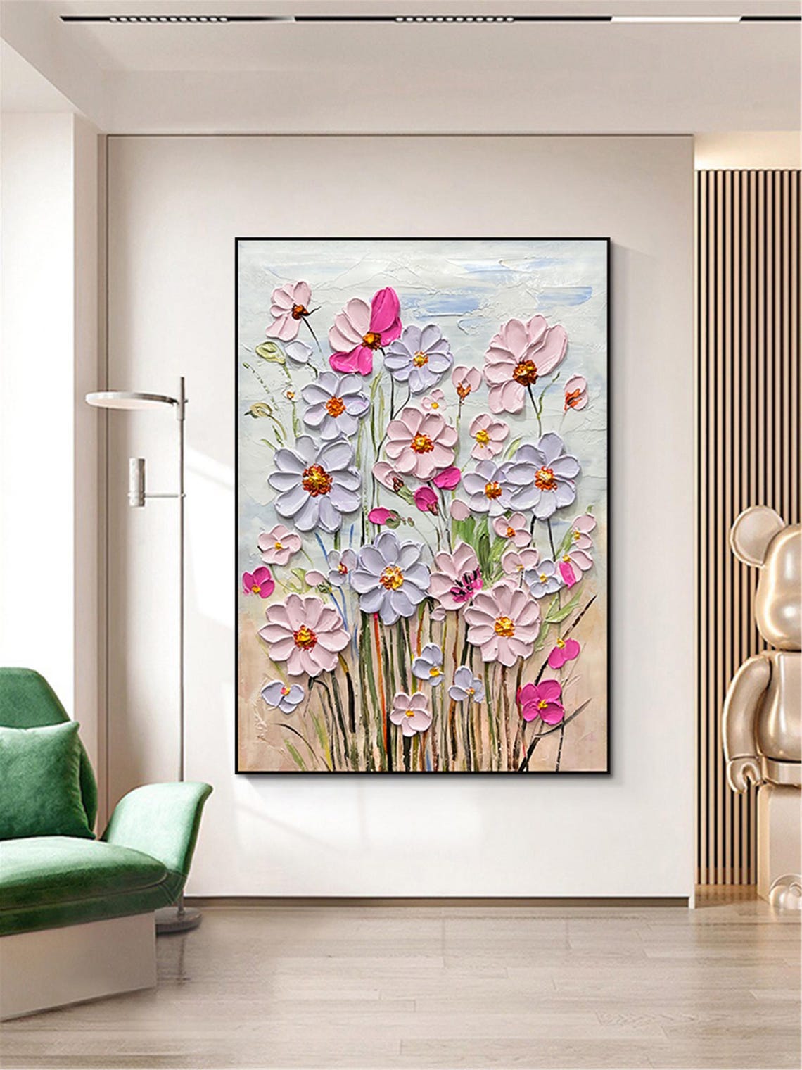 Textured Pink Lavender Cosmos Spring Painting Framed Floral Wall Art - Image 3