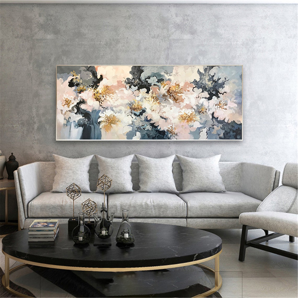 Blue Navy White Golden Floral Abstract Panoramic Living Room Wall Art - Image 4