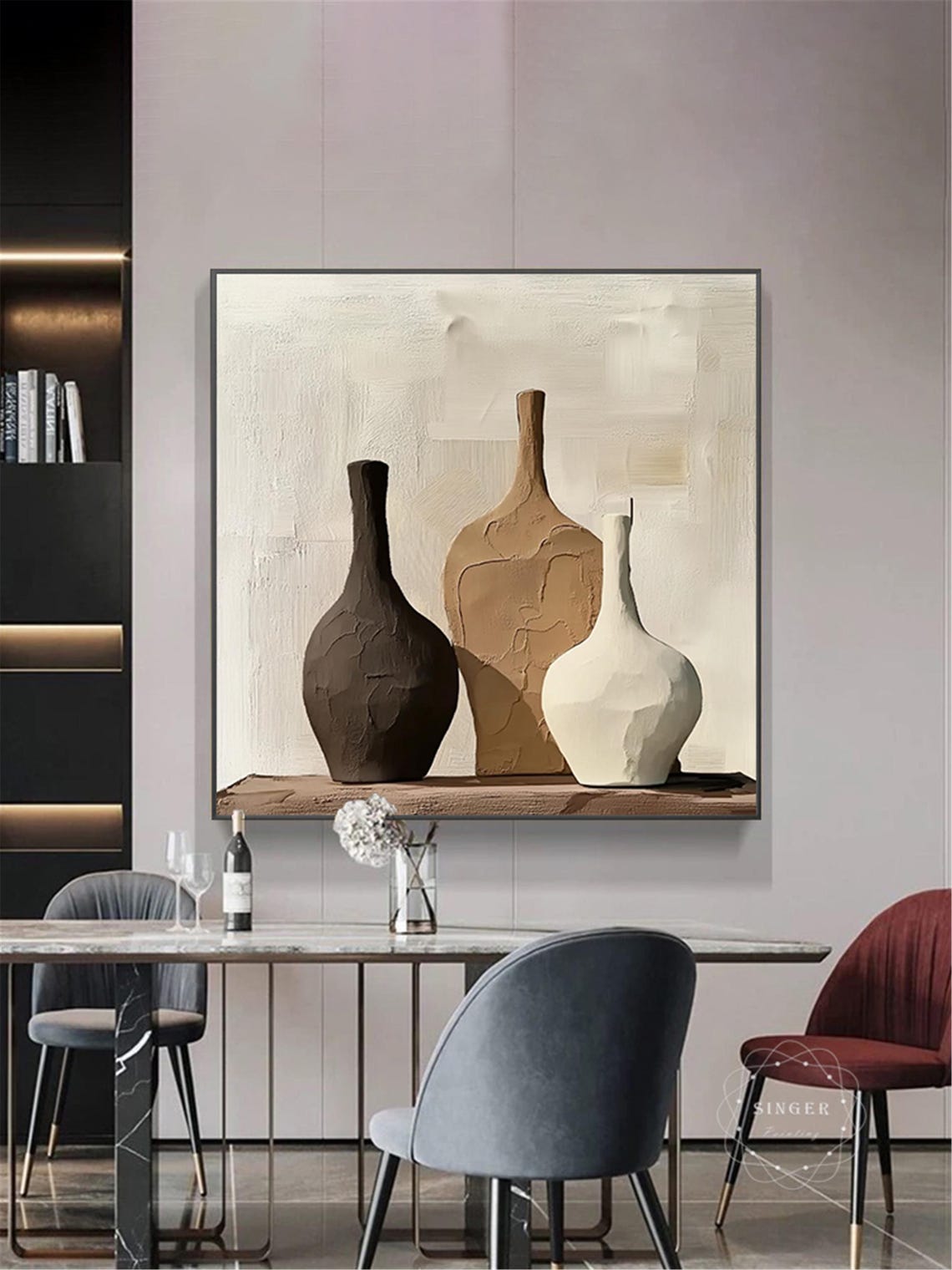 Clay Vases Still Life 3D Textured Impasto Painting Neutral Wall Art - Image 2