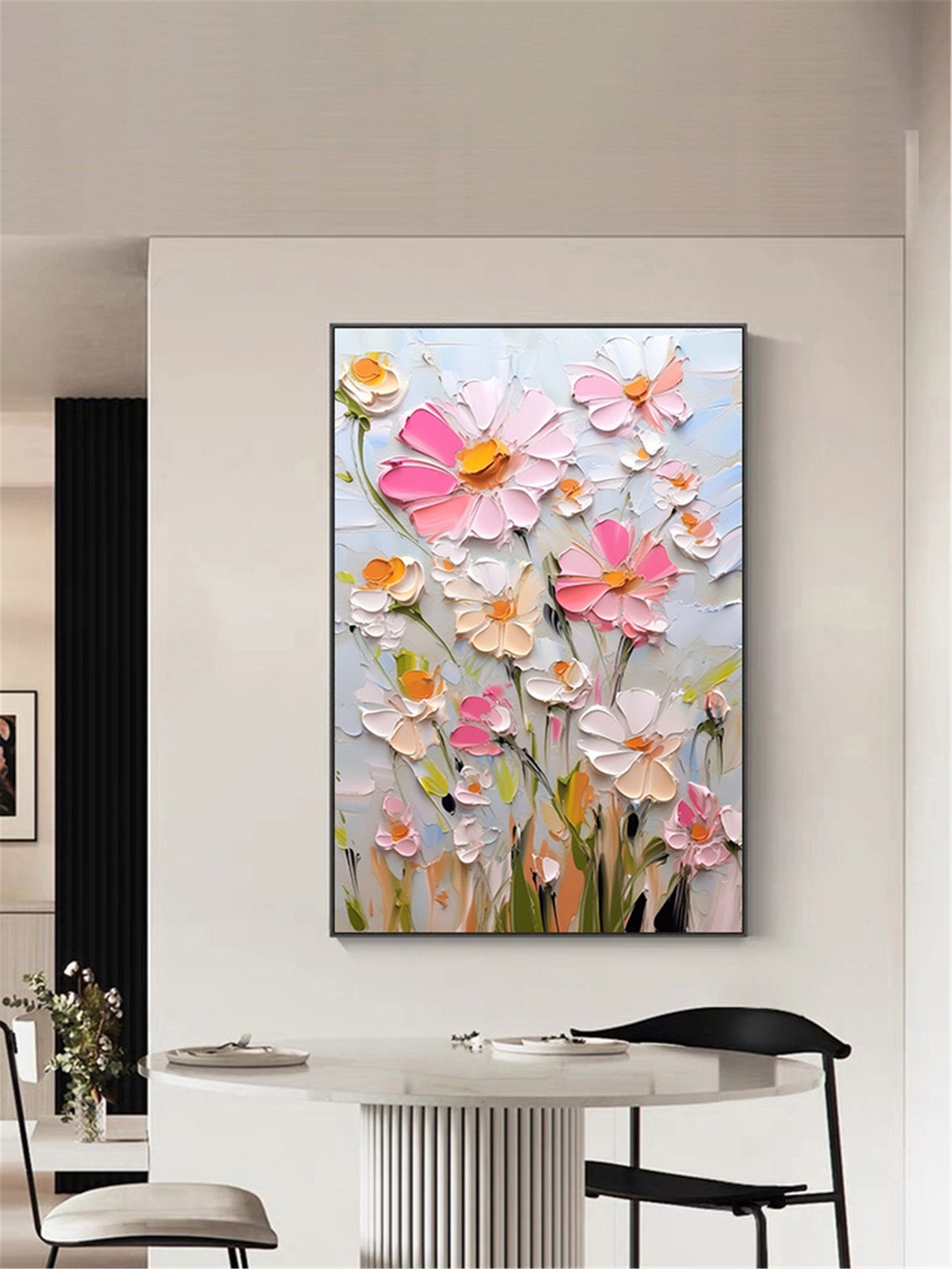 White Pink Daisy Meadow Pale Blue Vertical Textured Floral Wall Art - Image 4