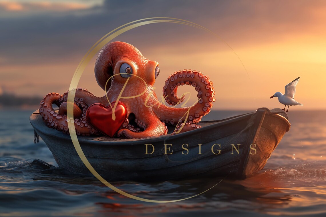 Valentine Octopus Romantic Heart Backdrop - Image 2