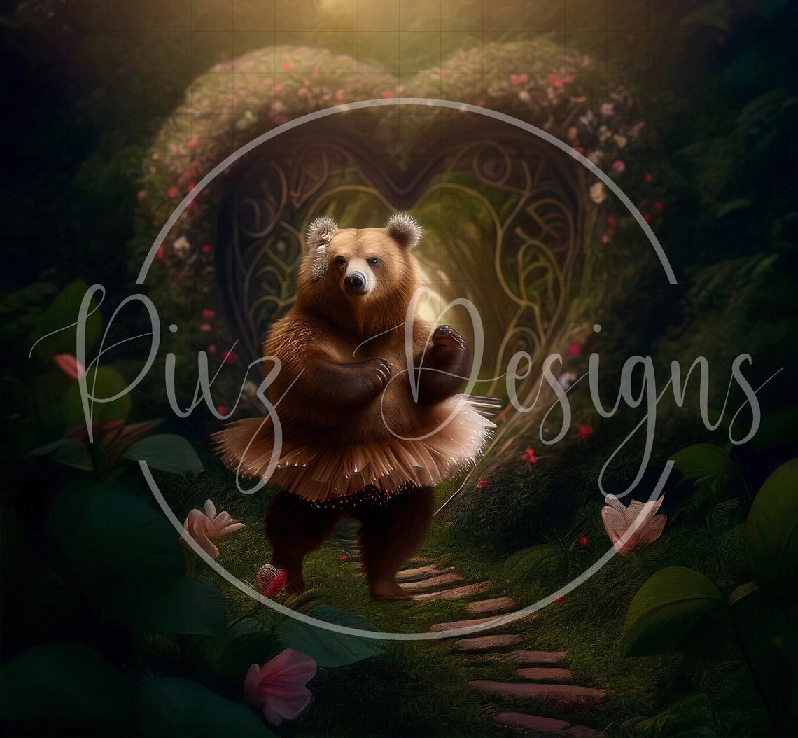 Bear Dancing With Little Girl In Magical Forest Heart Gate Backdrop - Image 2