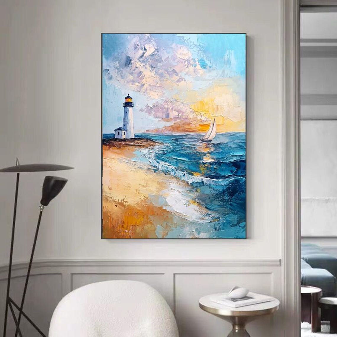 Classic Coastal Lighthouse at Sunset With a Sailboat Scene Poster - Image 4