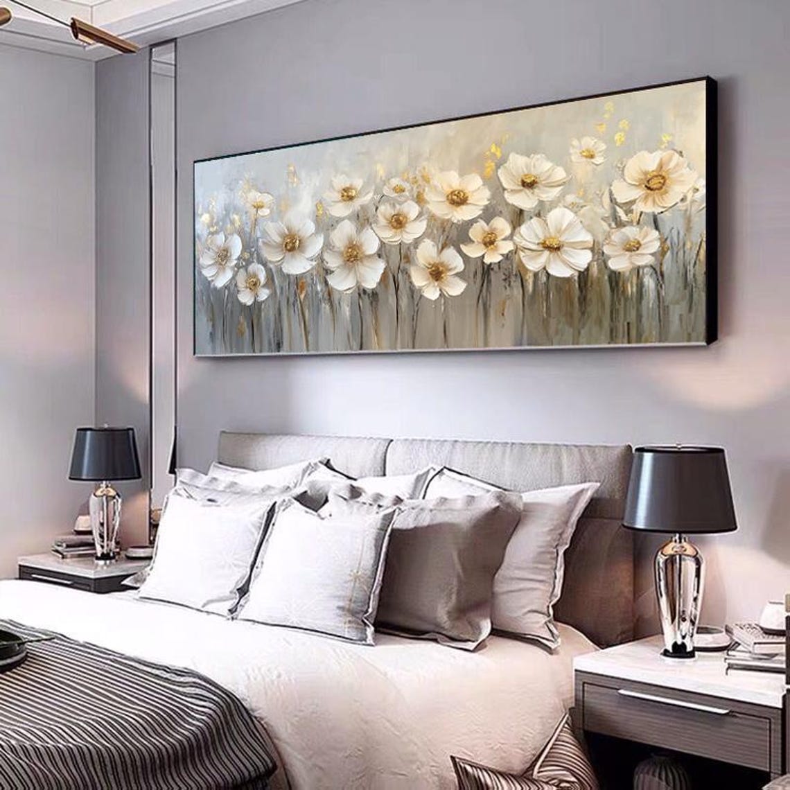 White Cosmos Flowers With Golden Centers Panoramic Elegant Wall Art - Image 2