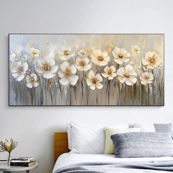 Hand Painted Oil Painting White Flowers With Gold Leaf Modern Luxury Style Textured Layered Art For Living Room Entryway Dining Room