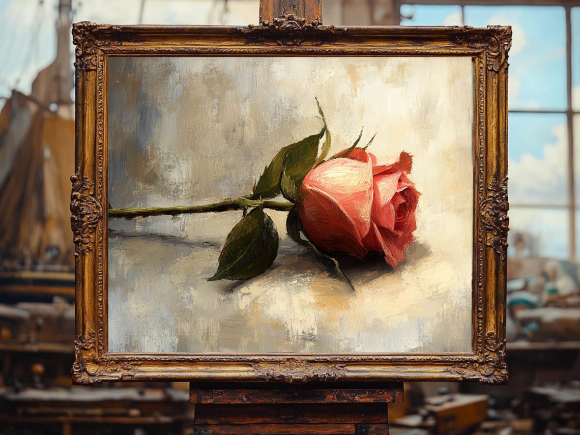 Single Rose Print Antique Floral Red Rose Art Oil Painting Cottage Core Art Best Gifts Vintage Painting Wall Art Prints - Image 2