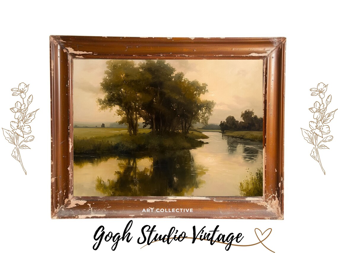 River Landscape Vintage Antique Oil Painting Art Print - Image 3