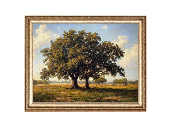 Majestic Oak Tree Landscape Oil Painting Cottage Core Art Vintage Painting Wall Art Prints